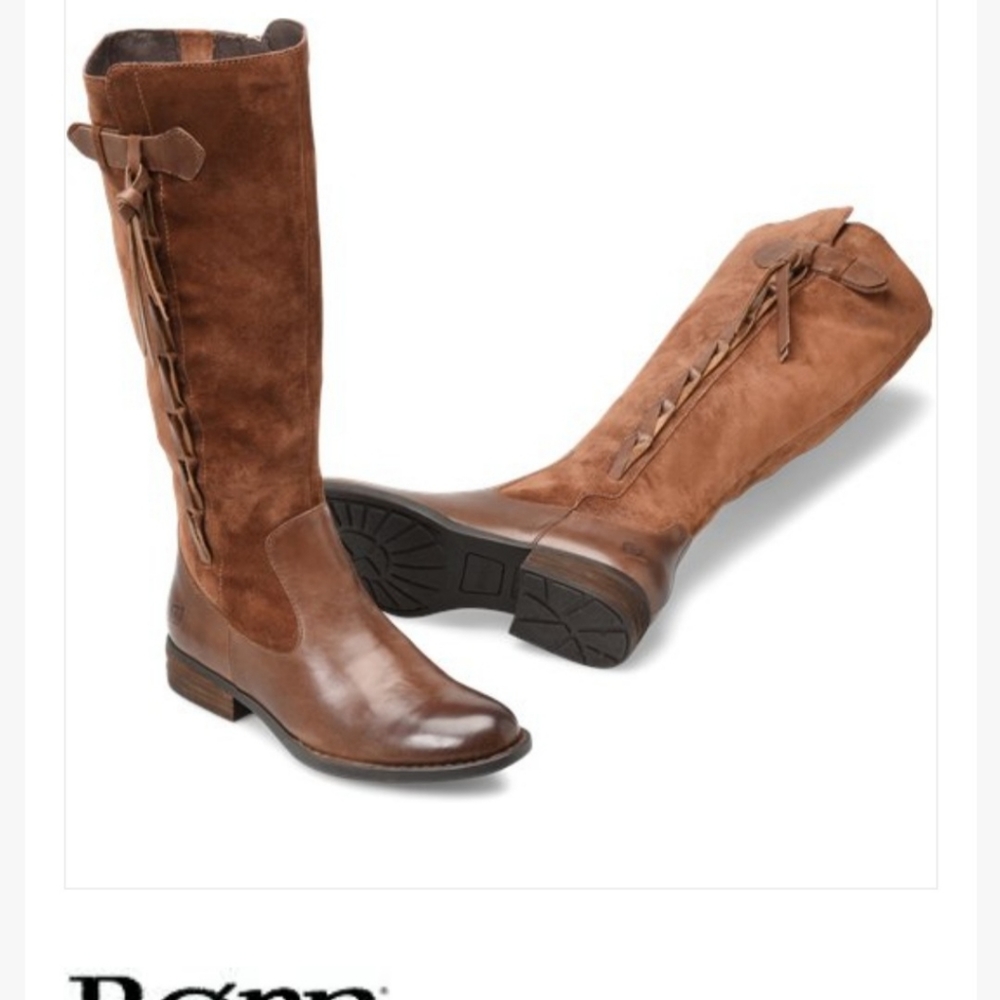 Born Cook Brown Leather Braided Riding Boots Size 7 Boho Calf knee High